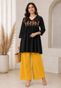 [2006] Women Black Embroidered Flared Kurti with Mustard Yellow Palazzo Pant Set