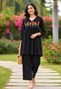 Women Black Embroidered Flared Kurti with Black Palazzo Pant Set