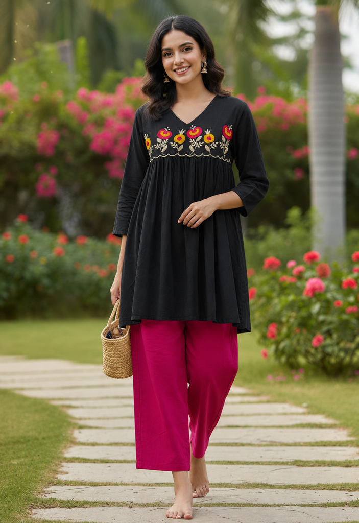 [2011] Women Black Embroidered Flared Kurti with Pink Palazzo Pant Set