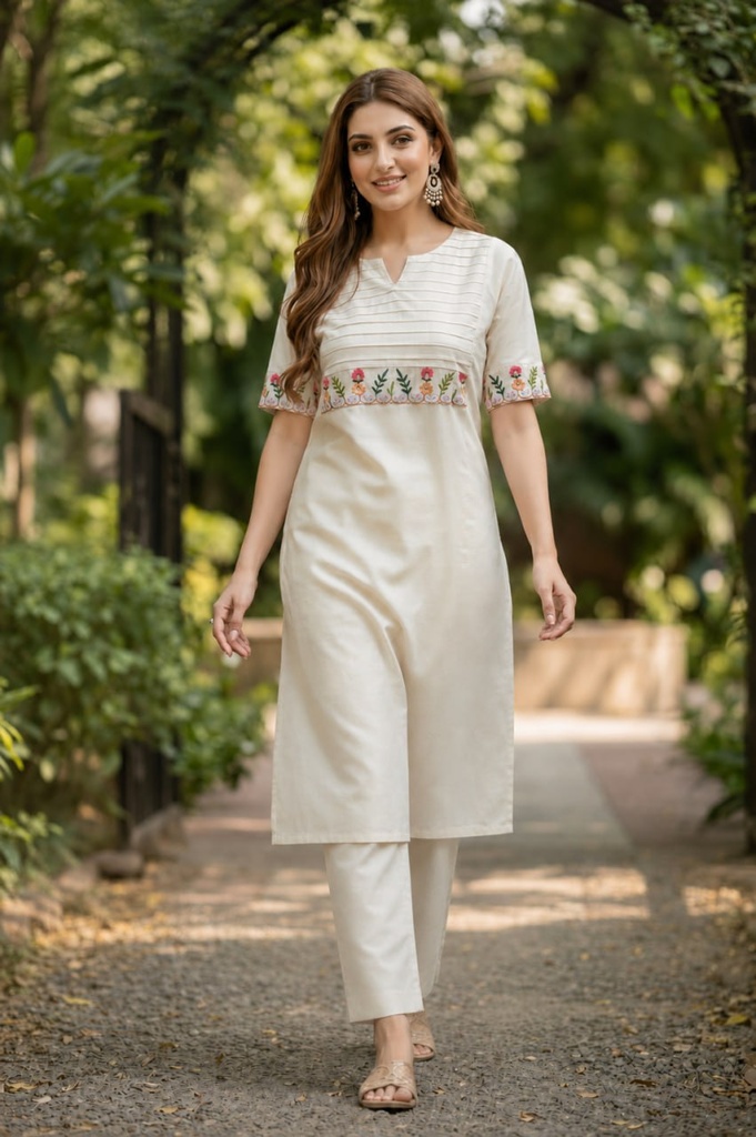 [1007] Women Cream Floral Embroidered Straight Kurti Pant Set with Half Sleeves