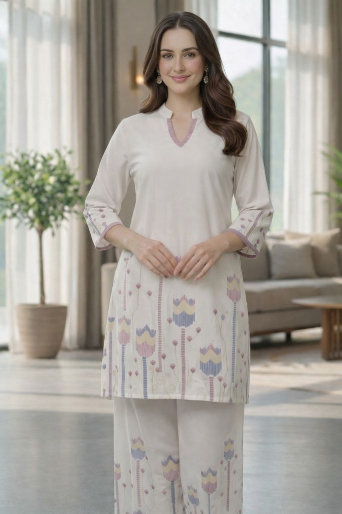 [5006] Women Printed Straight Kurta Palazzo Set with 3/4 Sleeve and V Neck Design