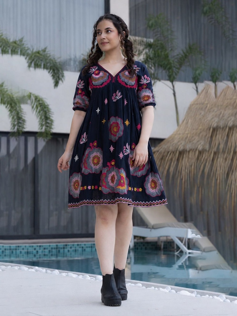 [201] Women Navy Blue Floral Embroidered Fit and Flare Short Dress with V Neck and 3/4 Sleeves