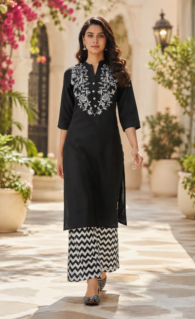 [111] Women Black Embroidered Straight Kurta with Black White Printed Palazzo Set | 2 Piece Ethnic Wear