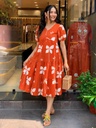 [412] Women’s Orange Floral Printed Cotton Midi Dress with V-Neck, Short Puff Sleeves & Tiered Flared Design