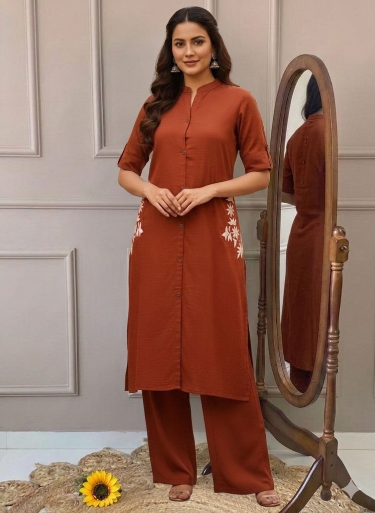 [1009] Women Rust Brown Embroidered Straight Kurta Pant Set with 3/4 Sleeves