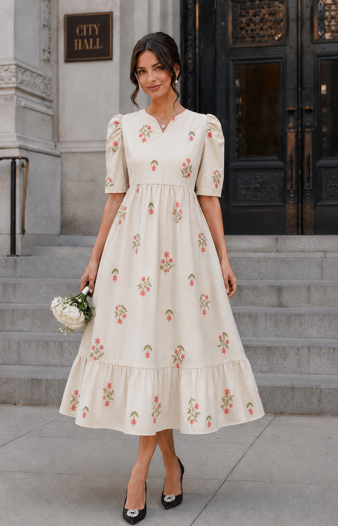 [2437] Women Cream Floral Embroidered Fit and Flare Midi Dress with V Neck and Half Sleeves