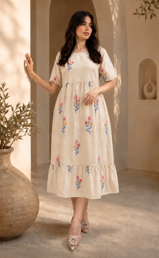 [2443] Women’s Cream Floral Printed Midi Dress with Short Sleeves | Elegant Western Wear