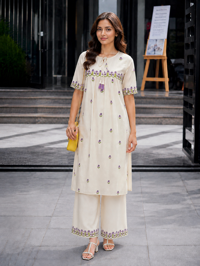 [6007] Women’s Cream Floral Embroidered Kurta Palazzo Set with Purple Border Work