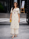 [6007] Women’s Cream Floral Embroidered Kurta Palazzo Set with Purple Border Work