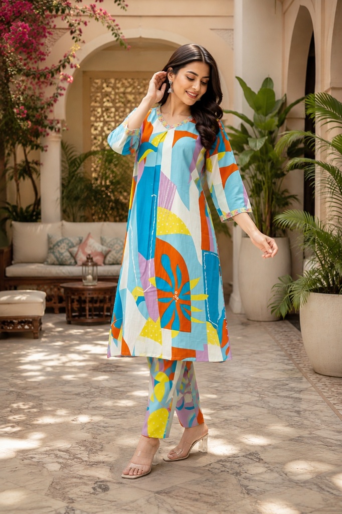 [2505] Women’s Rayon Slub Printed Kurta Pant Set with Multicolor Geometric Design